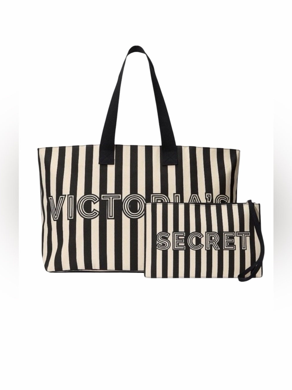 Victoria’s Secret Canvas Stripe Black Cream Tote Bag & Wristlet Set NWT